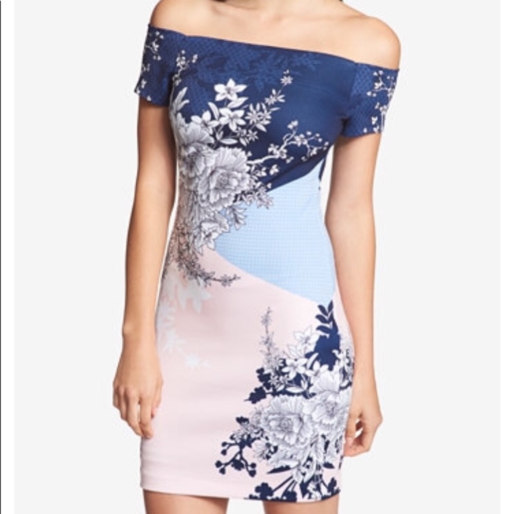 Guess off the shoulder dress blue pink